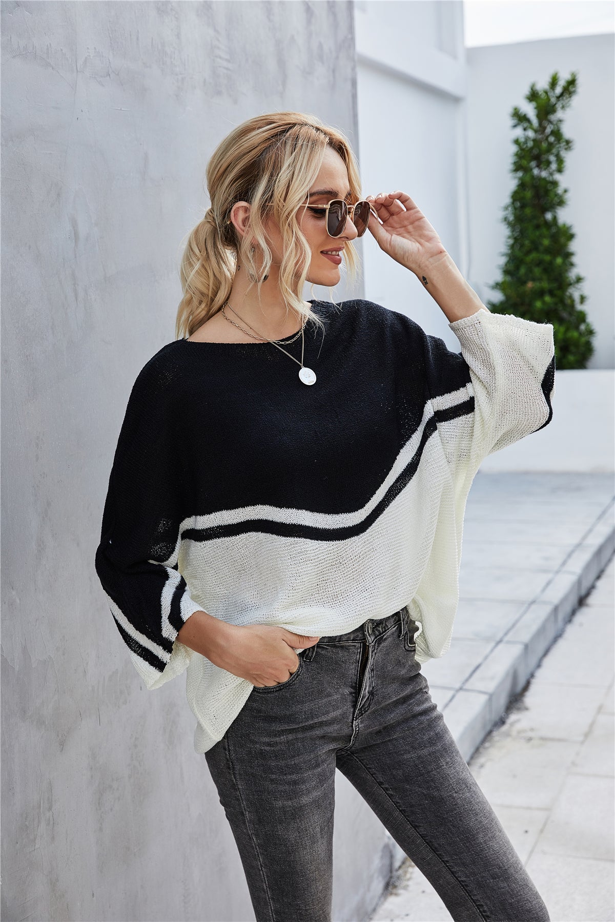Elarova | Strick Große Größe Fledermausärmel Strickpullover