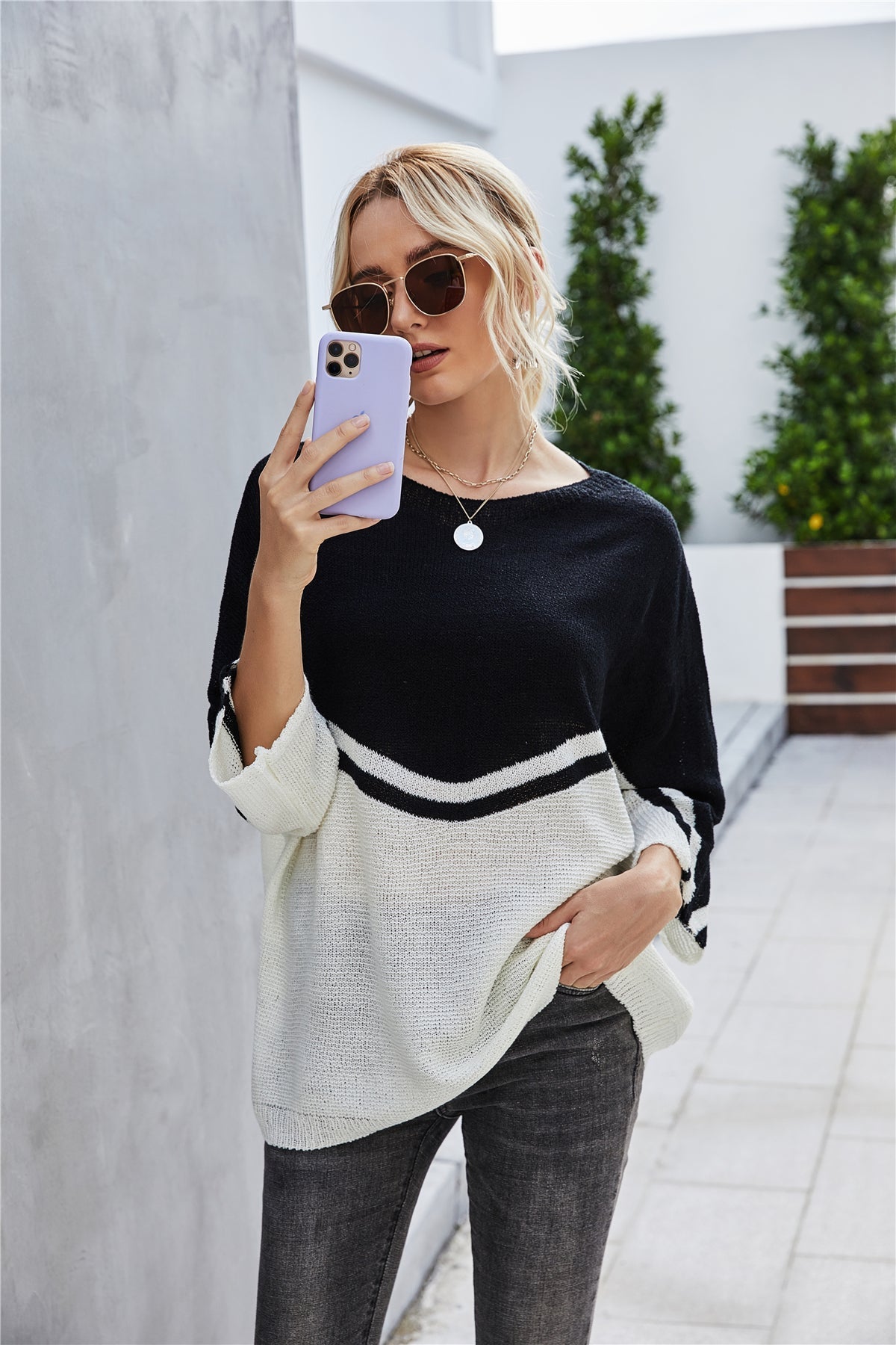 Elarova | Strick Große Größe Fledermausärmel Strickpullover