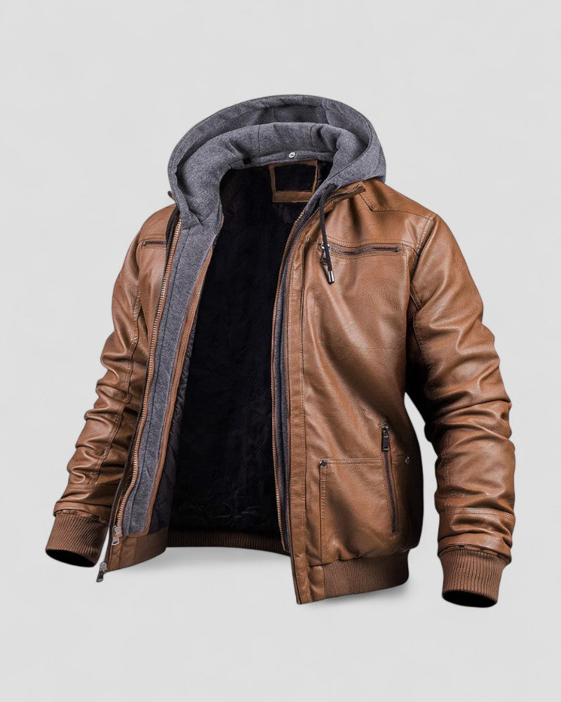 Elarova | Stylische Premium Leder Winterjacke für Herren mit Kapuze