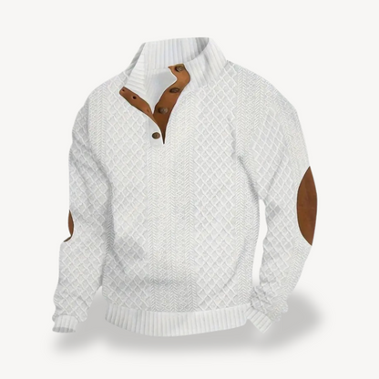 Elarova | Stylischer Herrenpullover mit Reißverschluss und Ellbogenflicken aus Leder