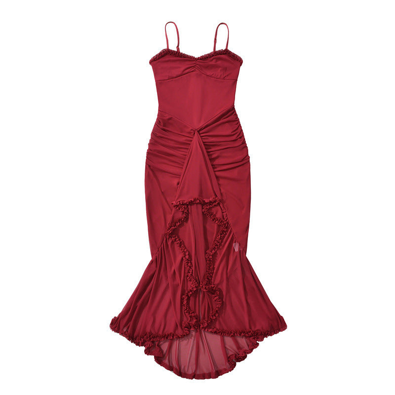 Elarova Trägerkleid: Asymmetrisches Netzkleid mit Schlitz
