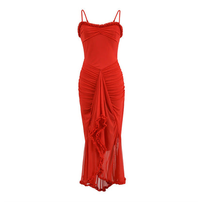 Elarova Trägerkleid: Asymmetrisches Netzkleid mit Schlitz