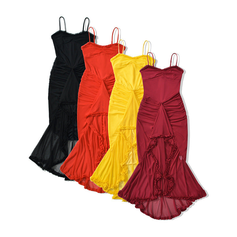 Elarova Trägerkleid: Asymmetrisches Netzkleid mit Schlitz
