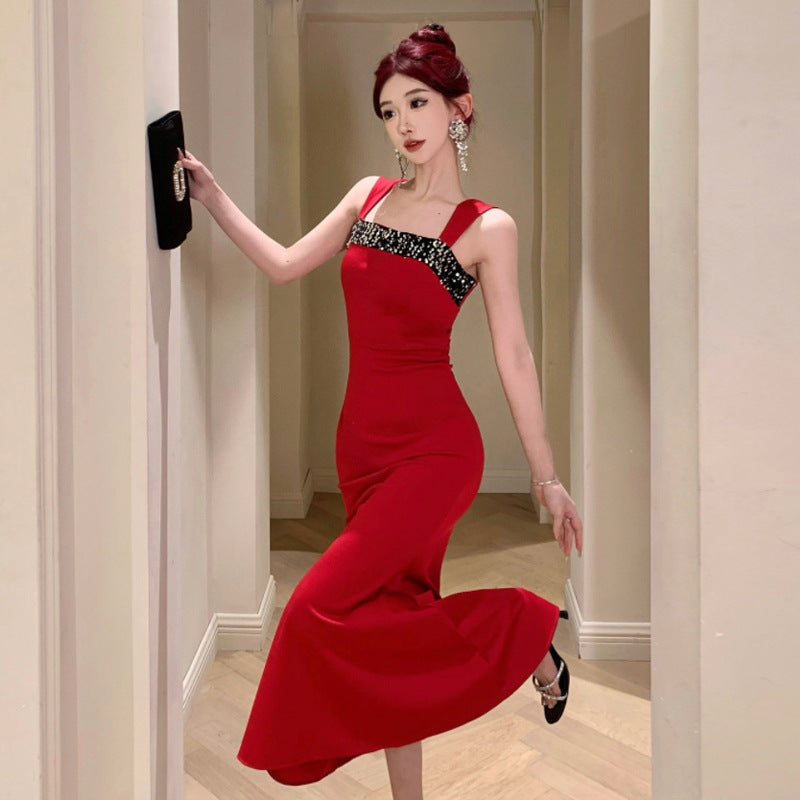 Elarova Trägerkleid mit Patchwork-Pailletten und quadratischem Ausschnitt