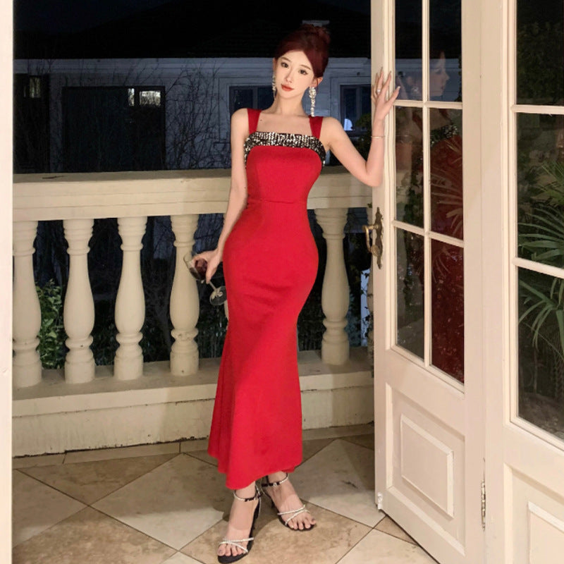 Elarova Trägerkleid mit Patchwork-Pailletten und quadratischem Ausschnitt