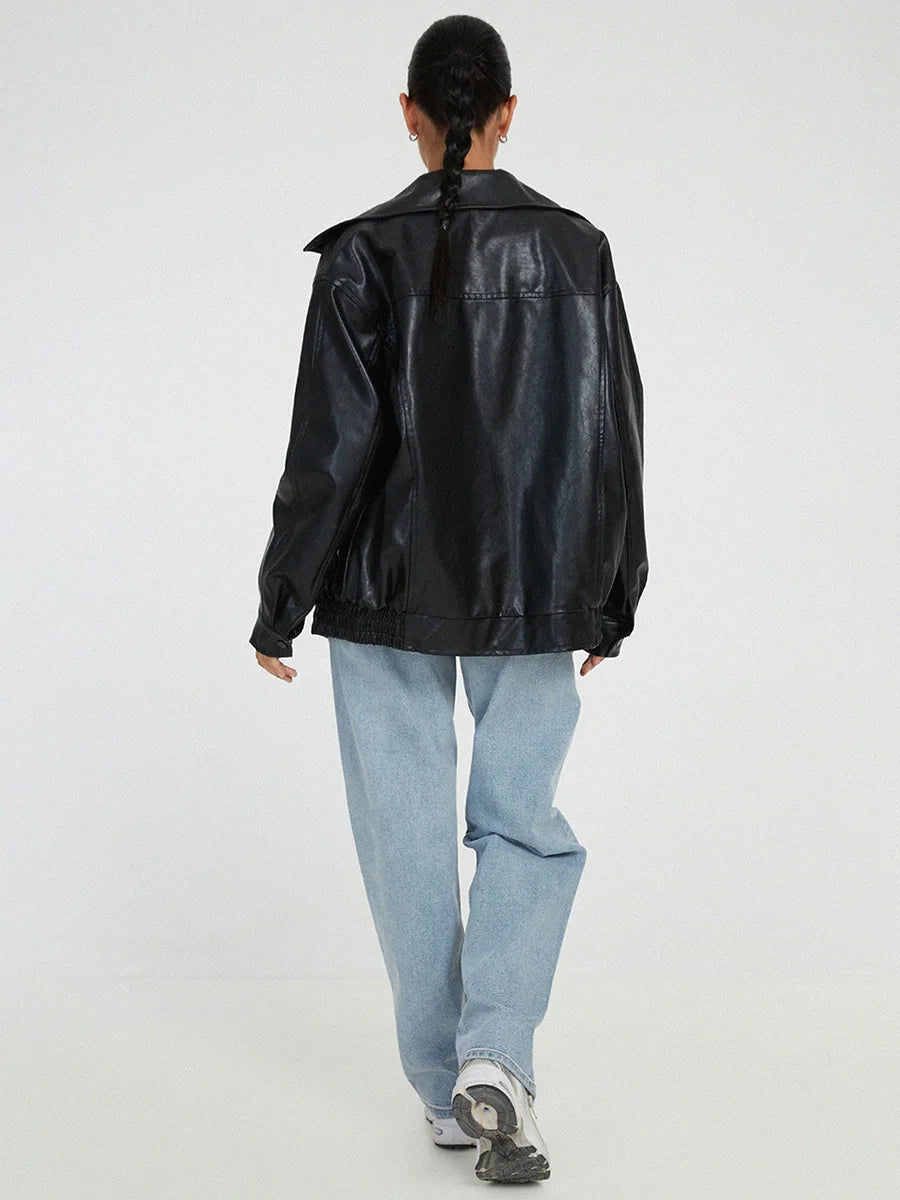 Elarova | Übergroße Leder-Bomberjacke mit trendigem Design