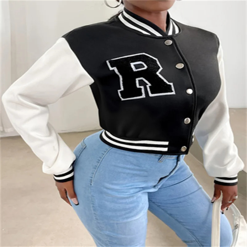 Elarova | Varsity Bomberjack Damen, Kurzes Modell mit Buchstabenpatch und Druckknopfverschluss
