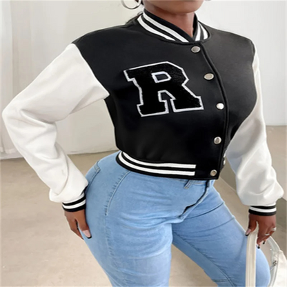 Elarova | Varsity Bomberjack Damen, Kurzes Modell mit Buchstabenpatch und Druckknopfverschluss