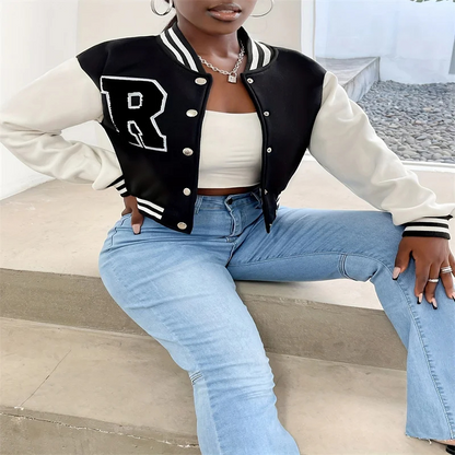 Elarova | Varsity Bomberjack Damen, Kurzes Modell mit Buchstabenpatch und Druckknopfverschluss