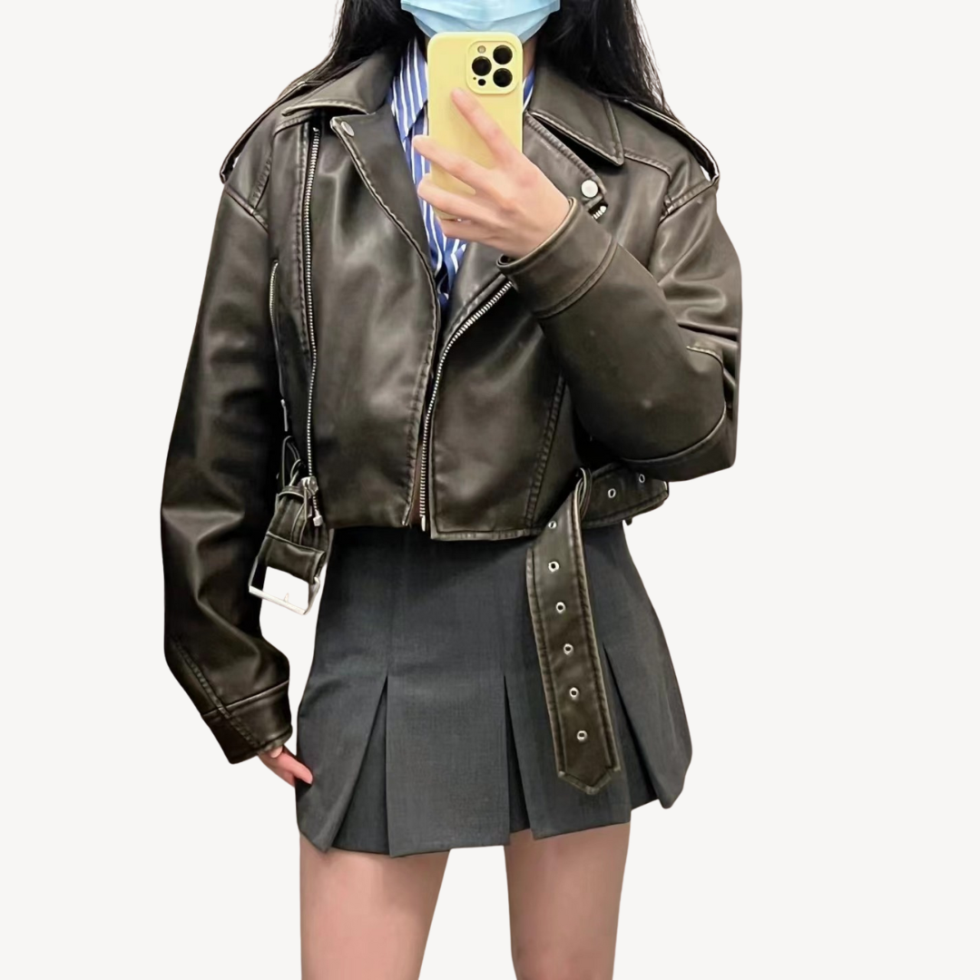 Elarova | Vintage-Lederjacke mit Gürtel für Damen