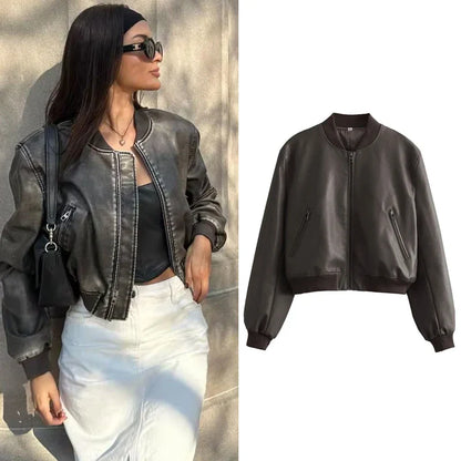 Elarova | Vintage PU-Leder Bomberjacke für Damen mit Stehkragen und Frontreißverschluss