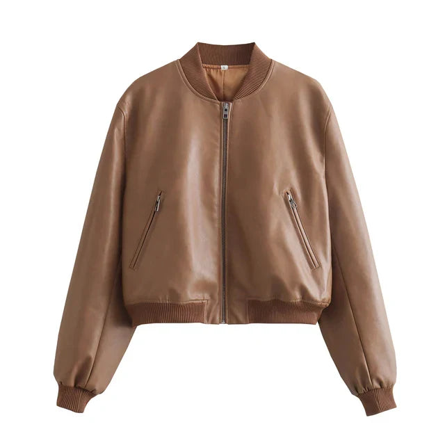 Elarova | Vintage PU-Leder Bomberjacke für Damen mit Stehkragen und Frontreißverschluss