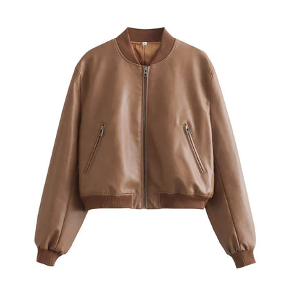 Elarova | Vintage PU-Leder Bomberjacke für Damen mit Stehkragen und Frontreißverschluss