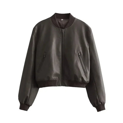 Elarova | Vintage PU-Leder Bomberjacke für Damen mit Stehkragen und Frontreißverschluss