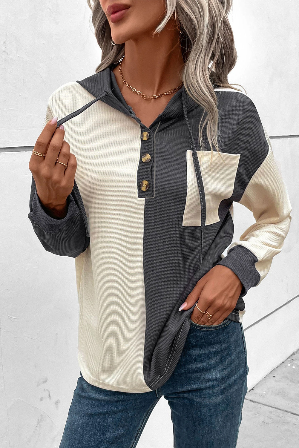 Elarova | Waffel-Hoodie Mit Knopfleiste Für Frauen