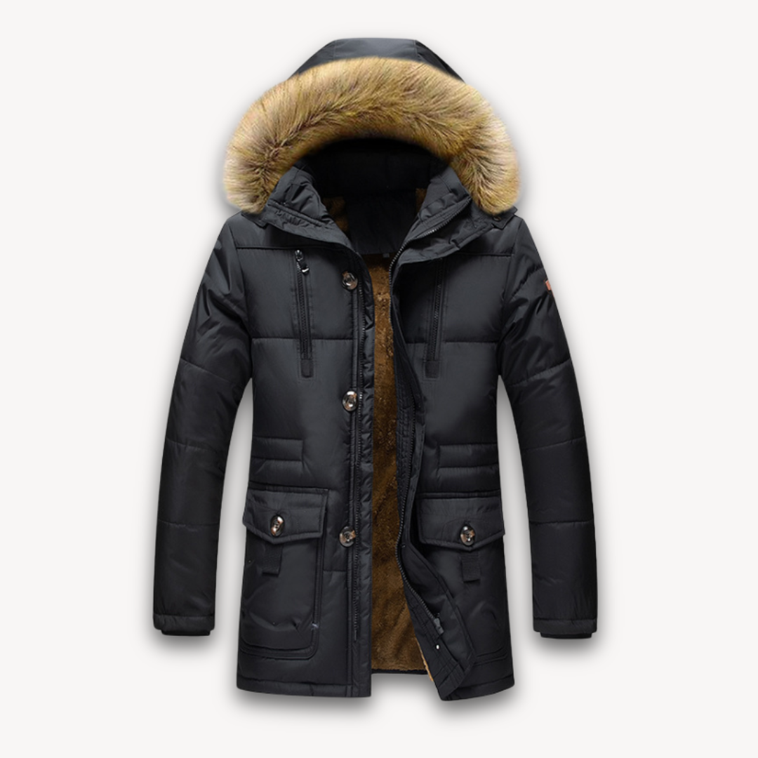 Elarova | Wasserdichte Winterjacke für Herren – Kapuze aus Kunstpelz
