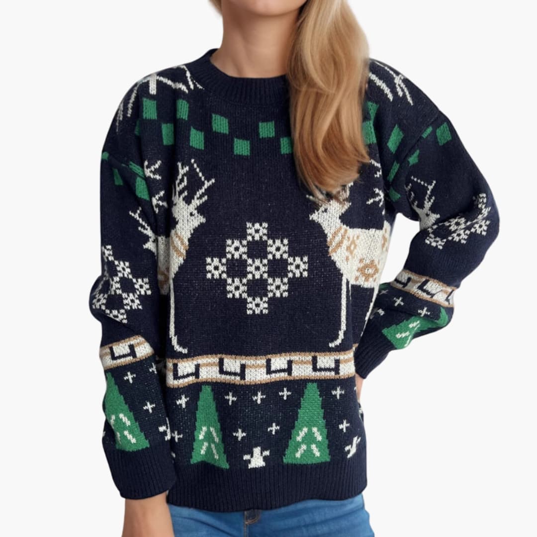 Elarova | Weihnachts Pullover für Damen mit Rentier und Baum Muster