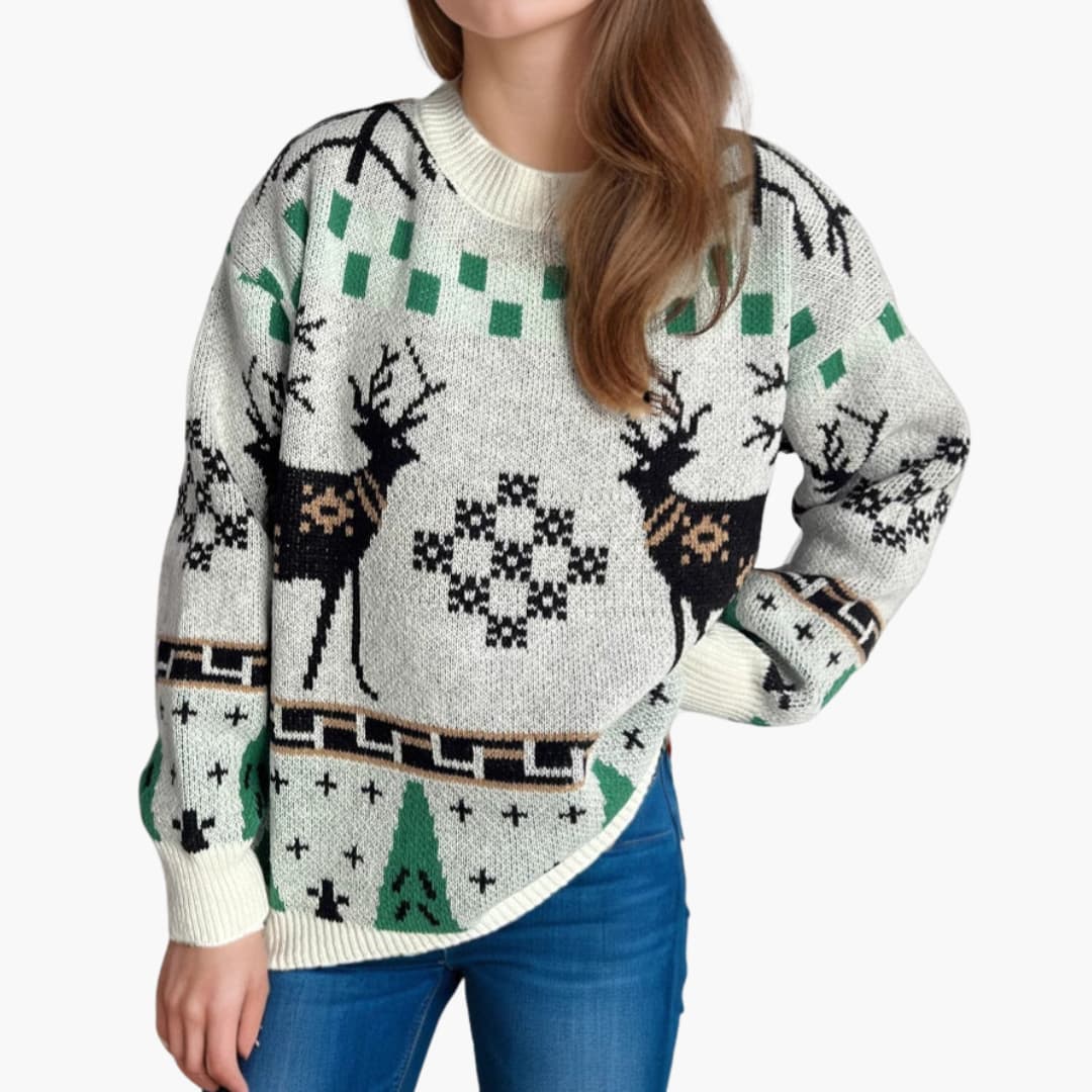 Elarova | Weihnachts Pullover für Damen mit Rentier und Baum Muster