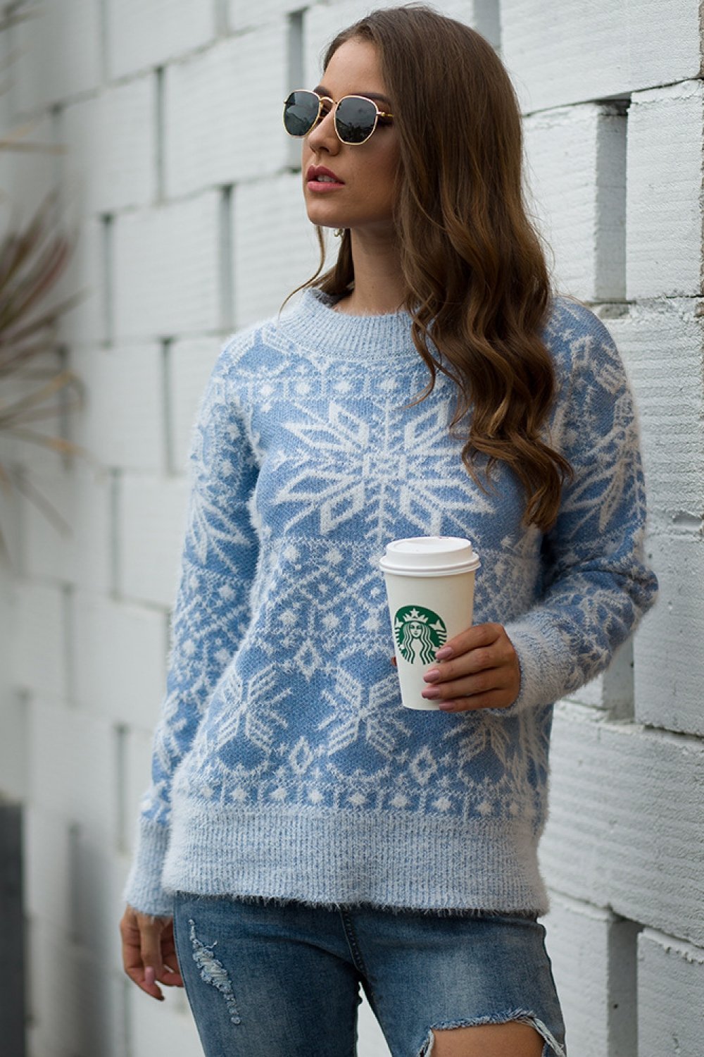 Elarova | Weihnachts-Schneeflocken-Plüsch-Pullover - Blau