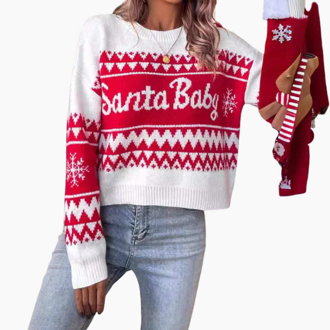 Elarova | Weihnachtspullover für Damen mit Buchstabenmotiv und geripptem Saum