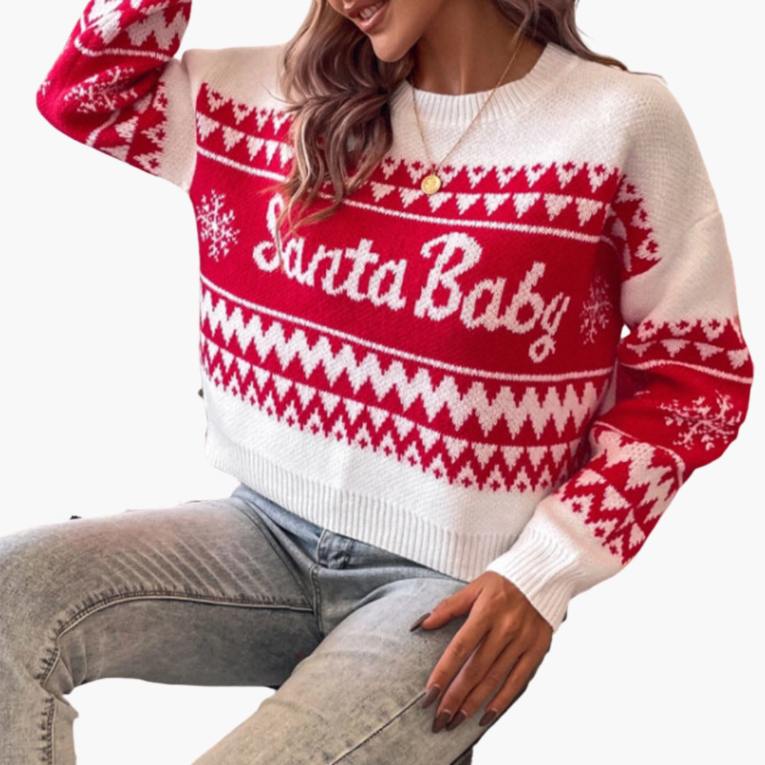 Elarova | Weihnachtspullover für Damen mit Buchstabenmotiv und geripptem Saum