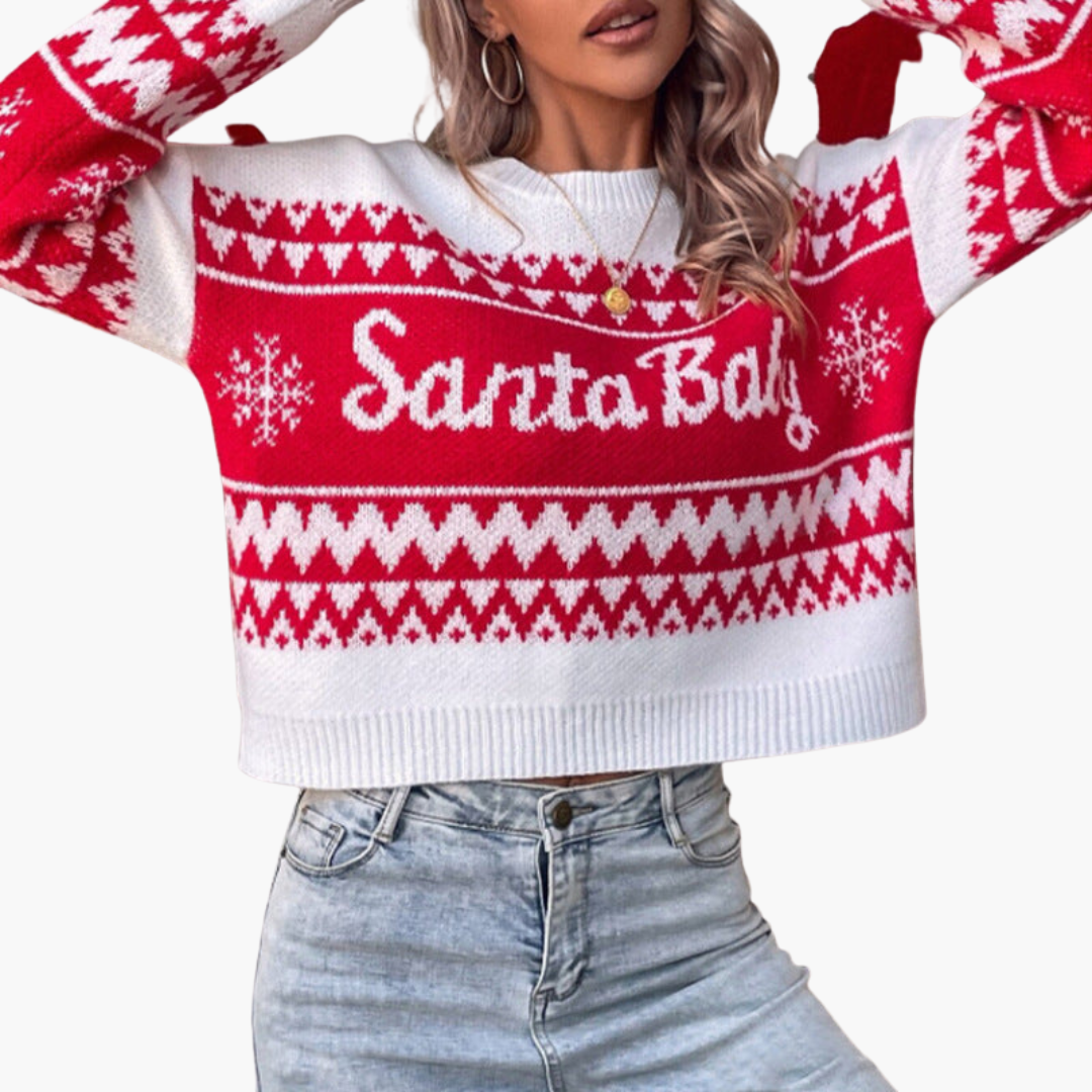Elarova | Weihnachtspullover für Damen mit Buchstabenmotiv und geripptem Saum