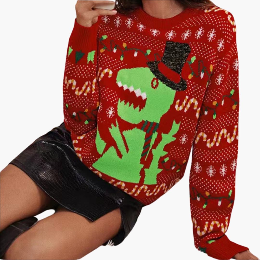 Elarova | Weihnachtspullover für Damen mit Dinosaurier Motiv