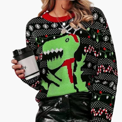 Elarova | Weihnachtspullover für Damen mit Dinosaurier Motiv