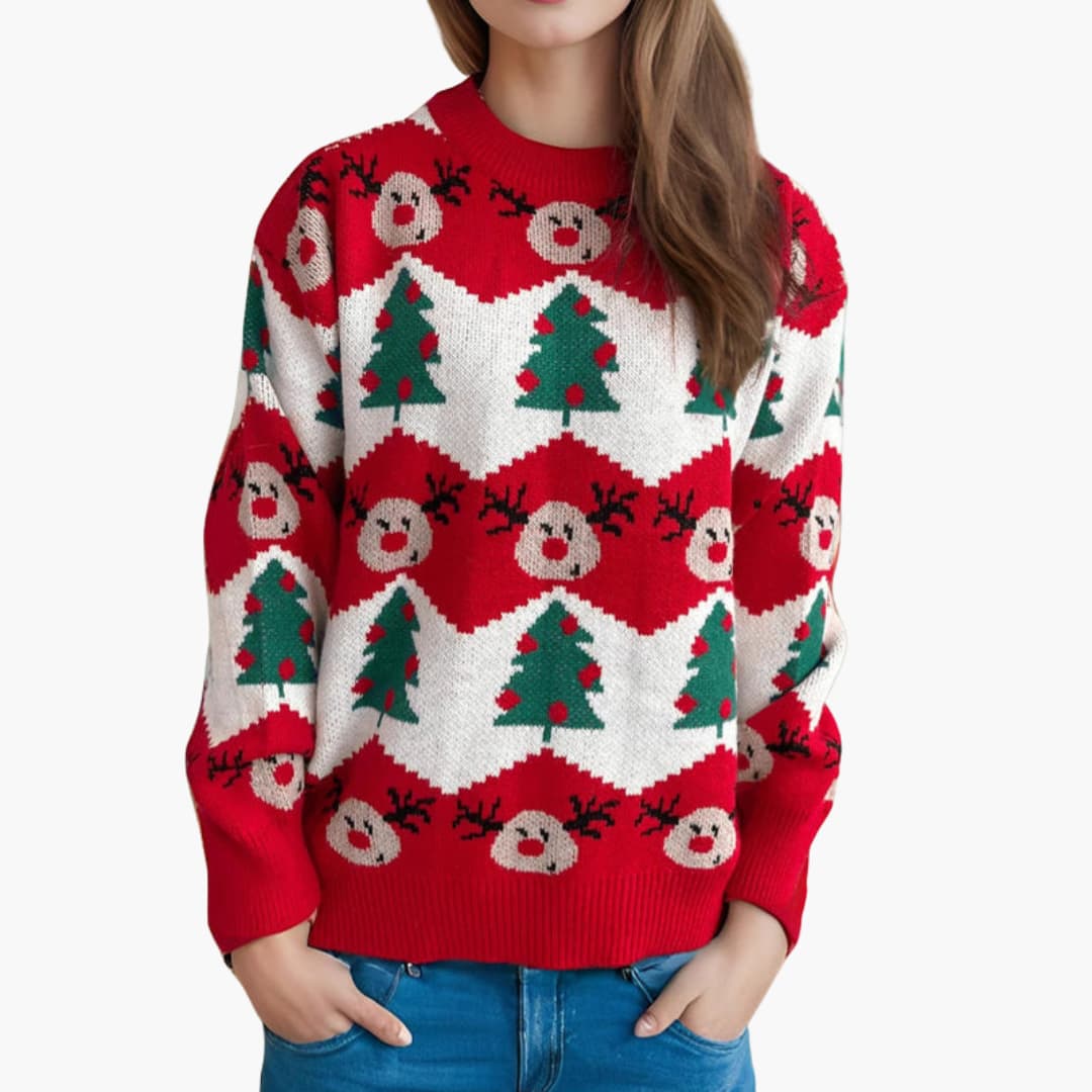 Elarova | Weihnachtspullover für Damen mit Rentier und Weihnachtsbaummotiv