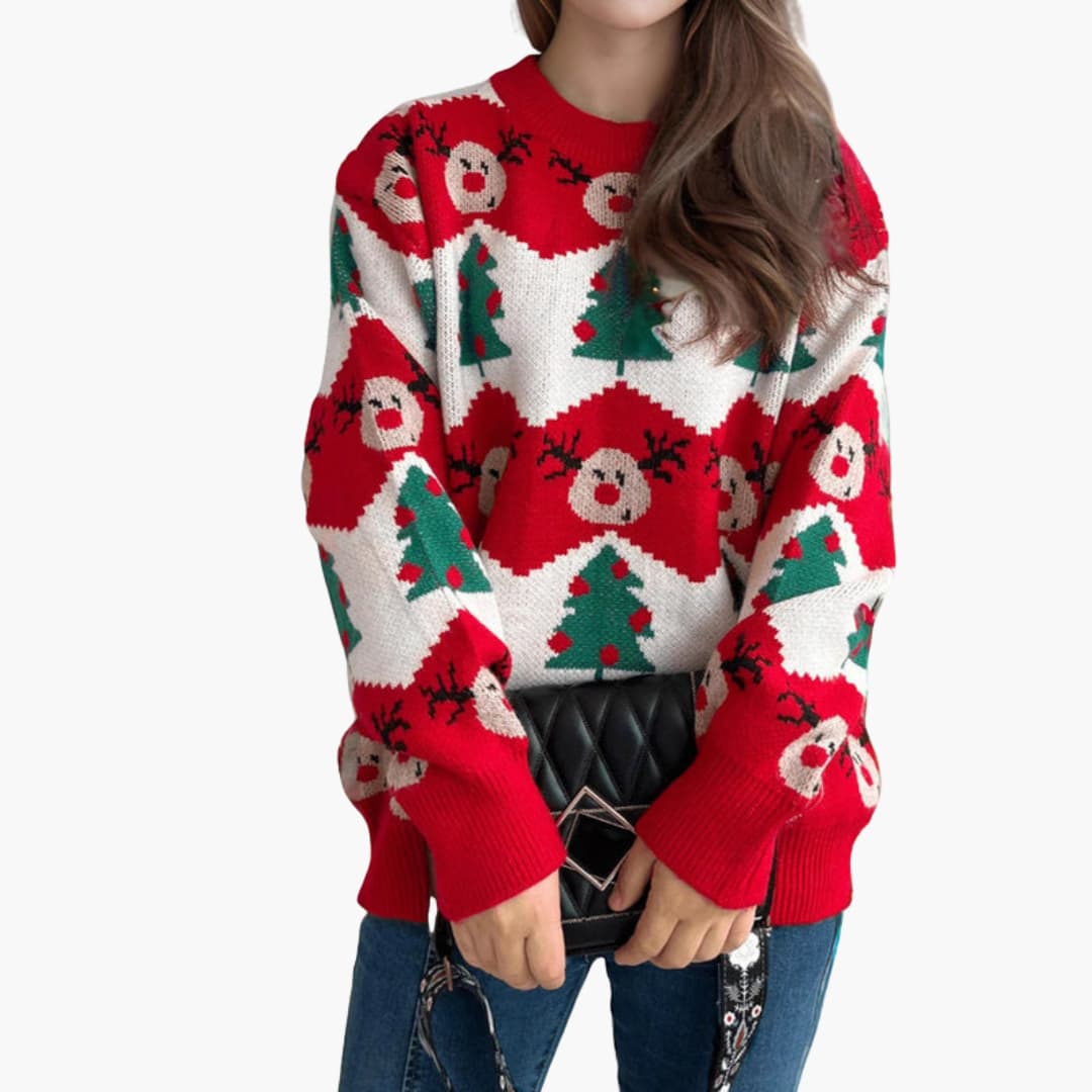Elarova | Weihnachtspullover für Damen mit Rentier und Weihnachtsbaummotiv