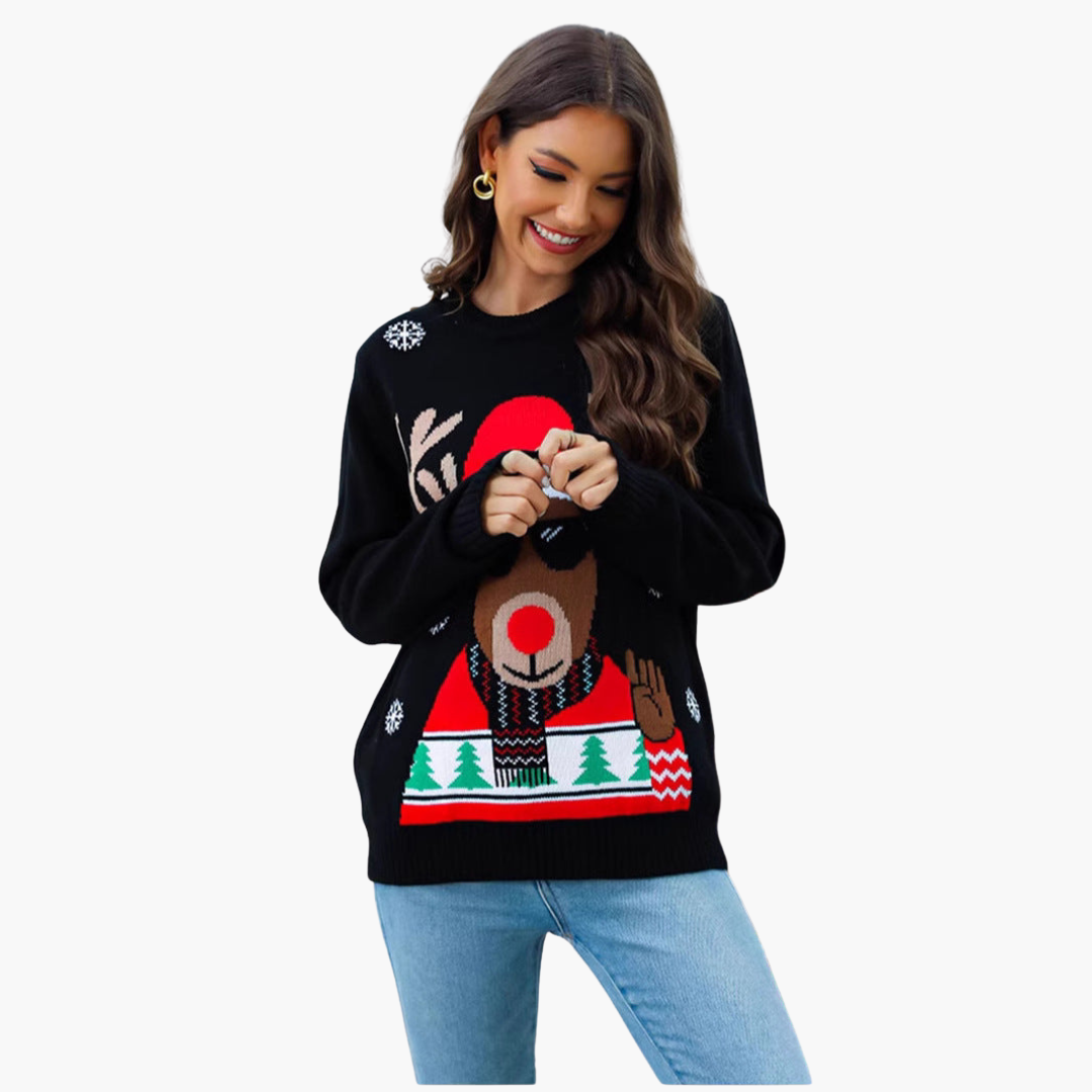 Elarova | Weihnachtspullover für Damen mit Rentiermotiv und geripptem Saum
