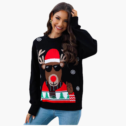Elarova | Weihnachtspullover für Damen mit Rentiermotiv und geripptem Saum