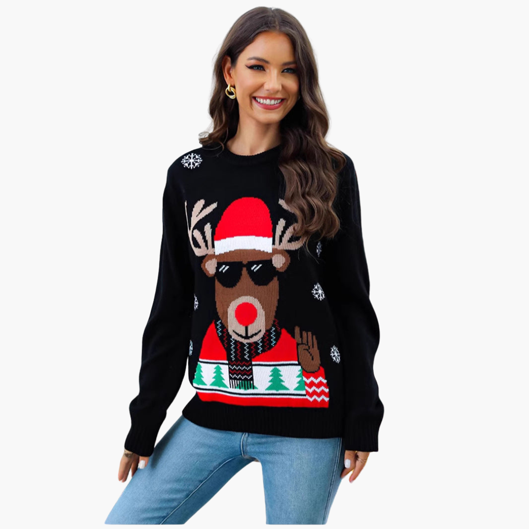 Elarova | Weihnachtspullover für Damen mit Rentiermotiv und geripptem Saum
