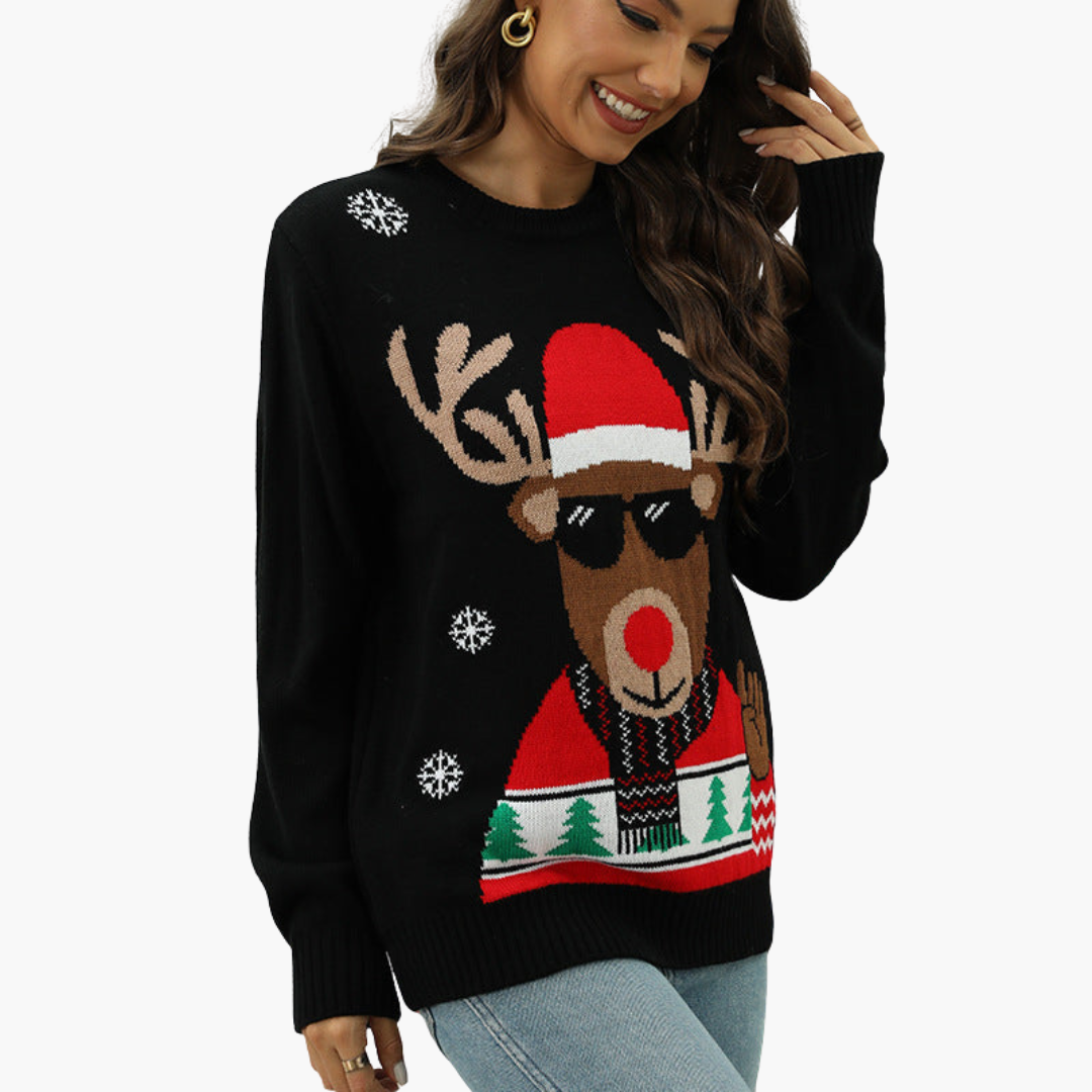 Elarova | Weihnachtspullover für Damen mit Rentiermotiv und geripptem Saum