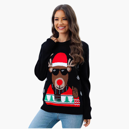 Elarova | Weihnachtspullover für Damen mit Rentiermotiv und geripptem Saum