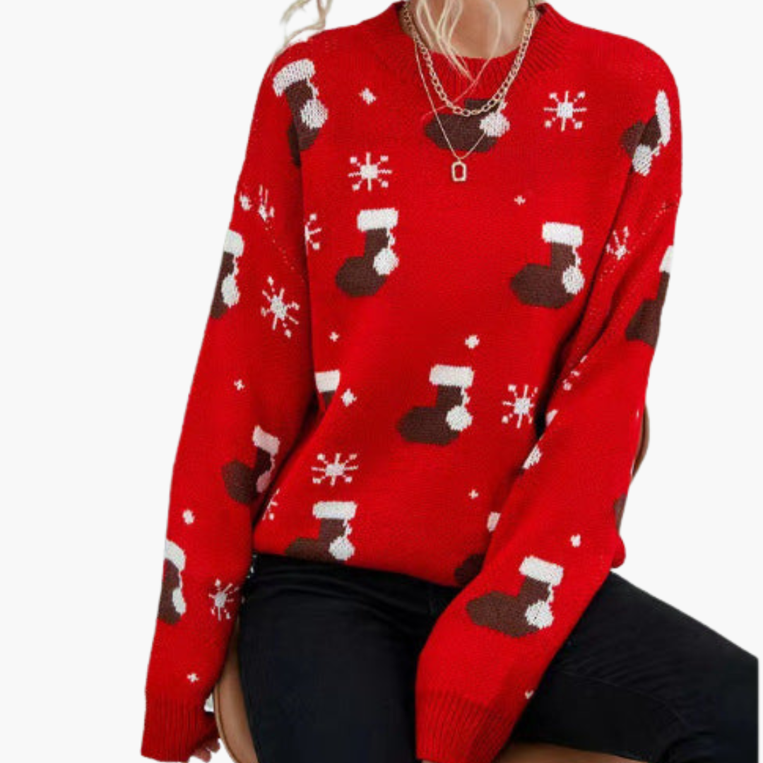 Elarova | Weihnachtspullover für Damen mit Rundhalsausschnitt und geripptem Saum