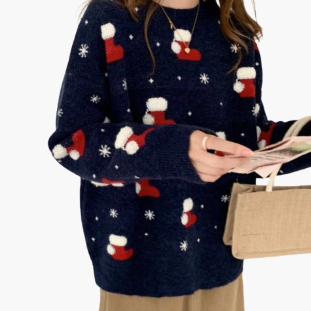 Elarova | Weihnachtspullover für Damen mit Rundhalsausschnitt und geripptem Saum