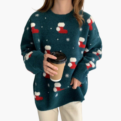 Elarova | Weihnachtspullover für Damen mit Rundhalsausschnitt und geripptem Saum