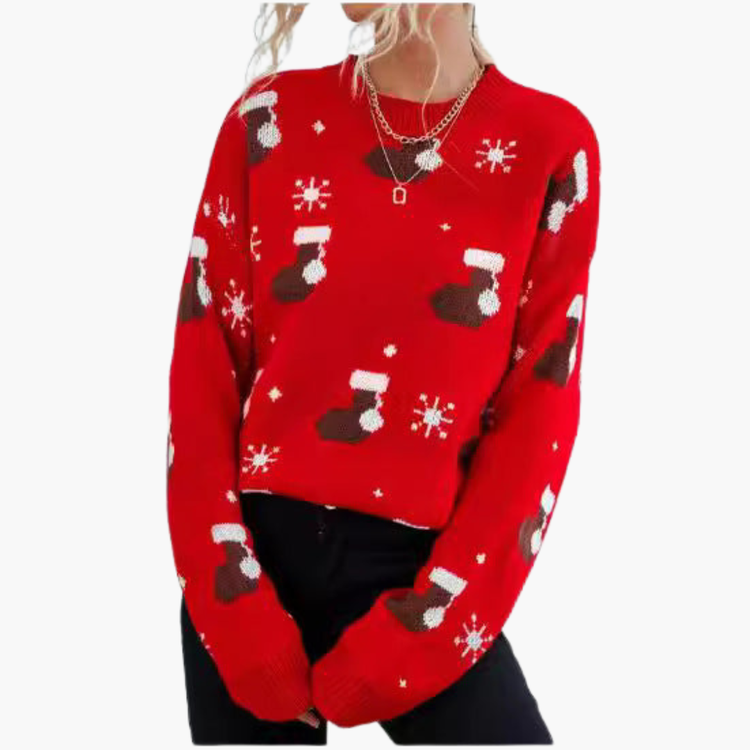 Elarova | Weihnachtspullover für Damen mit Rundhalsausschnitt und geripptem Saum