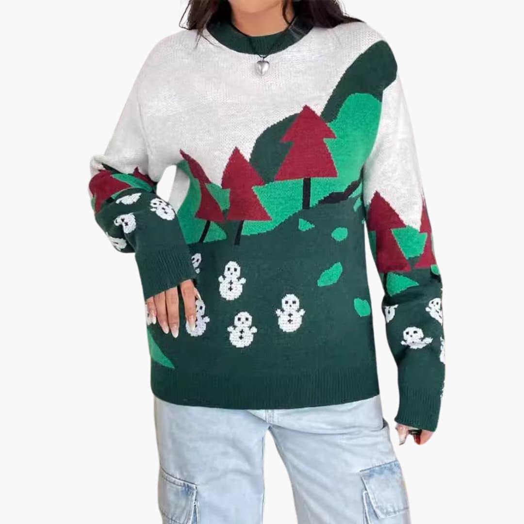 Elarova | Weihnachtspullover für Damen mit Schneemann und Baum Design