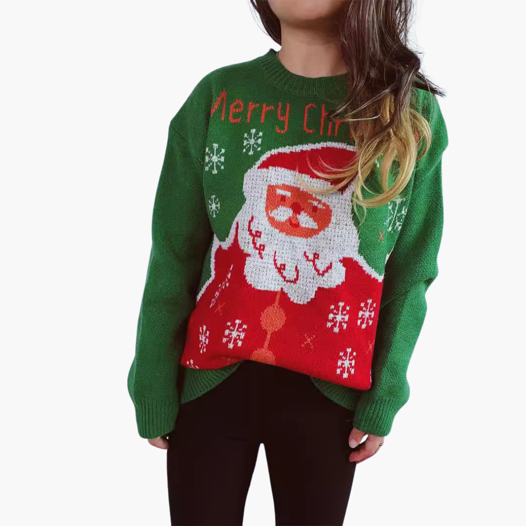 Elarova | Weihnachtspullover für Damen mit Weihnachtsmann Muster und geripptem Saum