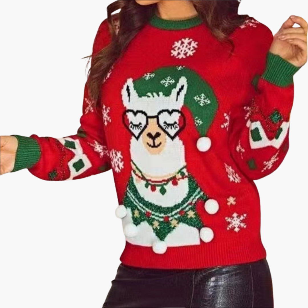 Elarova | Weihnachtsstrickpullover für Damen mit Lama-Motiv und dekorativen Pompoms