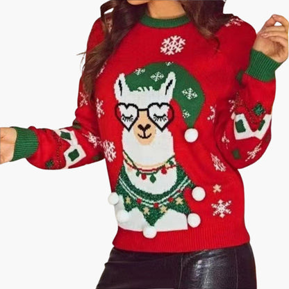 Elarova | Weihnachtsstrickpullover für Damen mit Lama-Motiv und dekorativen Pompoms