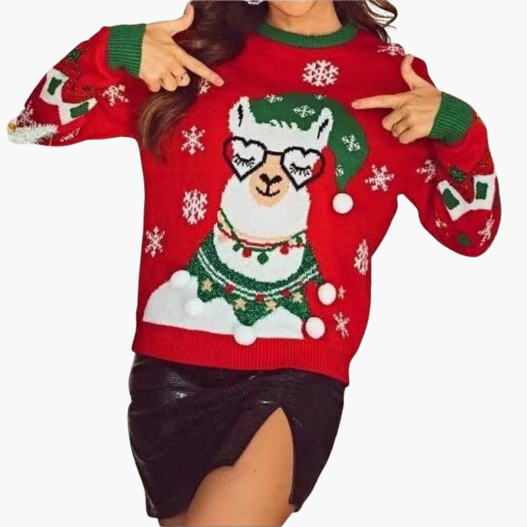 Elarova | Weihnachtsstrickpullover für Damen mit Lama-Motiv und dekorativen Pompoms