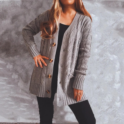 Elarova | Wollstrickjacke Damen Mit Zopfmuster Und Holzknöpfen, Lockere