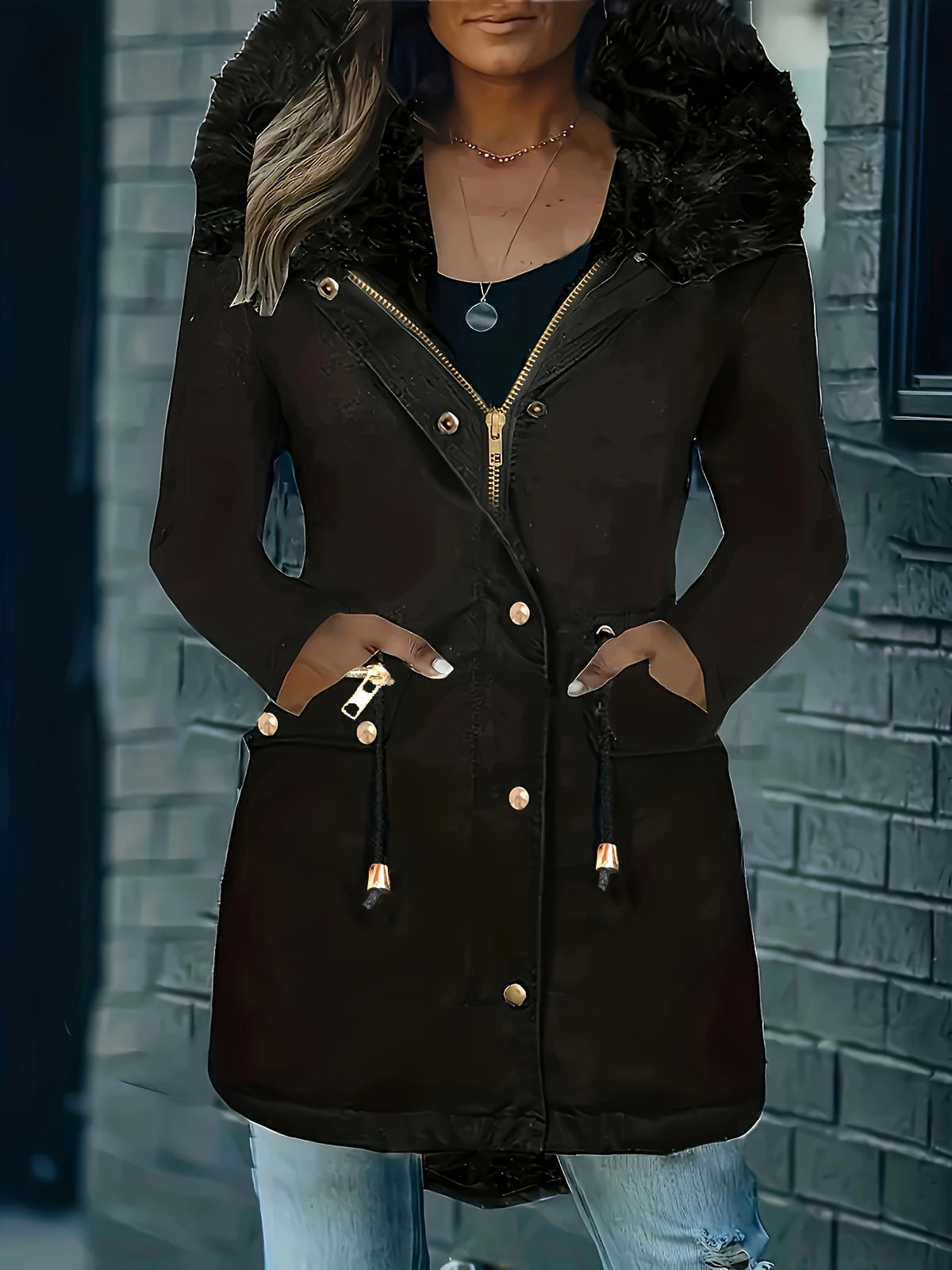 Elarova | Zip up Parka Mantel mit Knöpfen Kapuze Damen Winterjacke