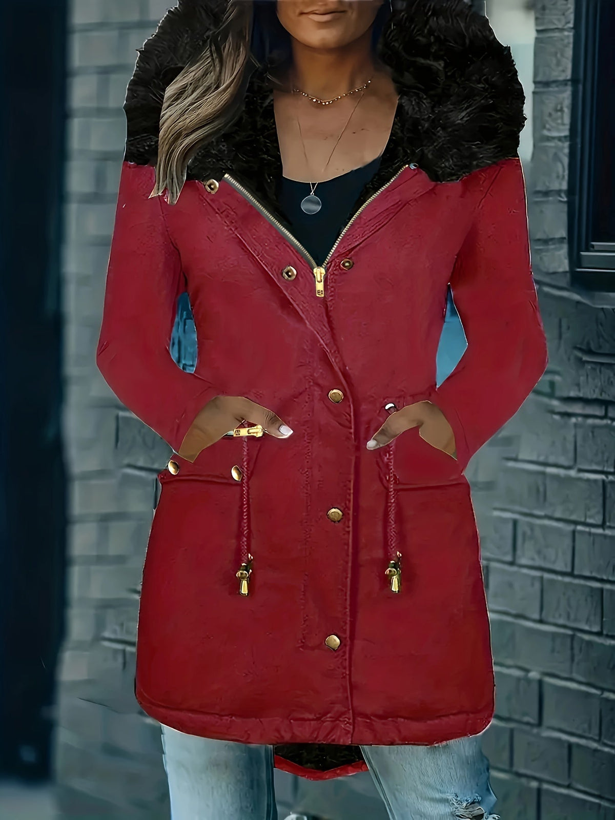 Elarova | Zip up Parka Mantel mit Knöpfen Kapuze Damen Winterjacke