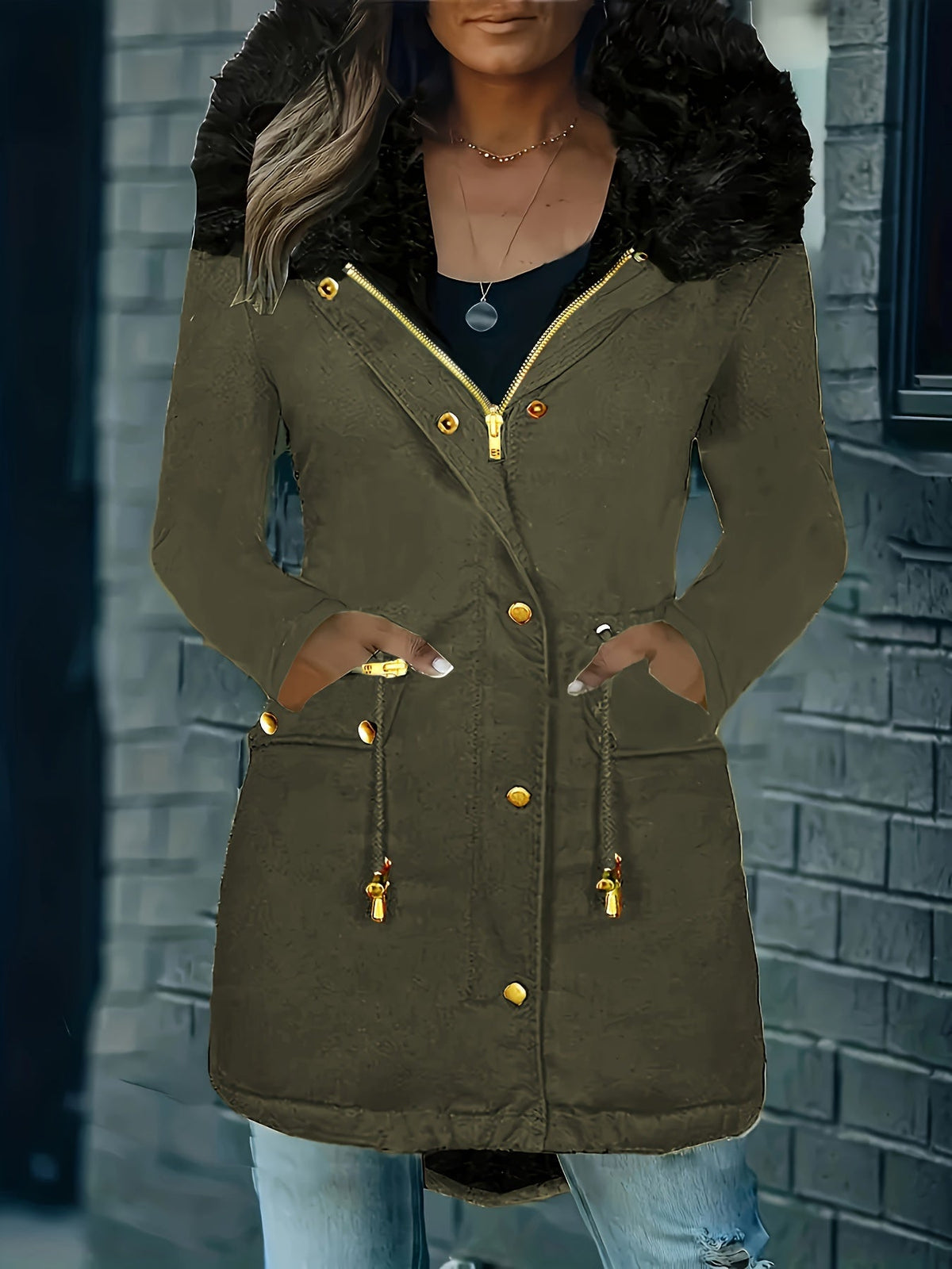 Elarova | Zip up Parka Mantel mit Knöpfen Kapuze Damen Winterjacke