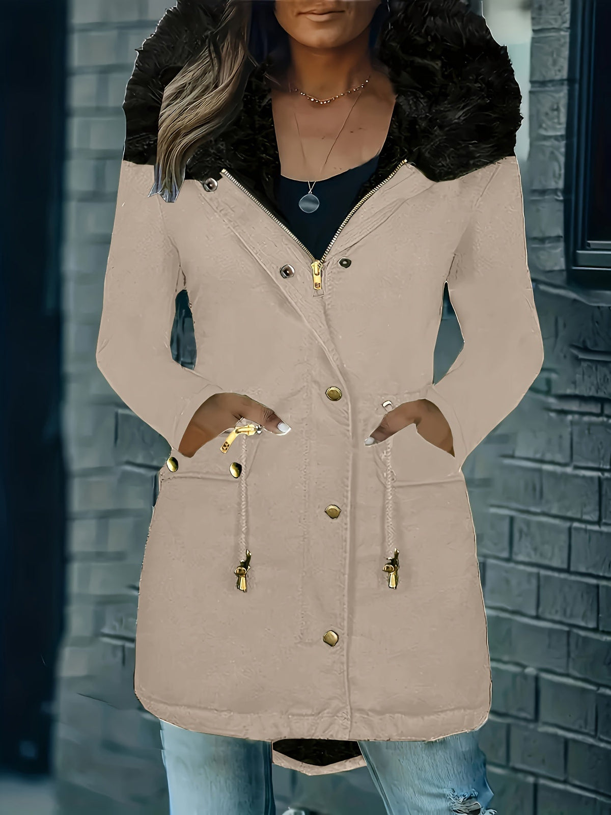 Elarova | Zip up Parka Mantel mit Knöpfen Kapuze Damen Winterjacke