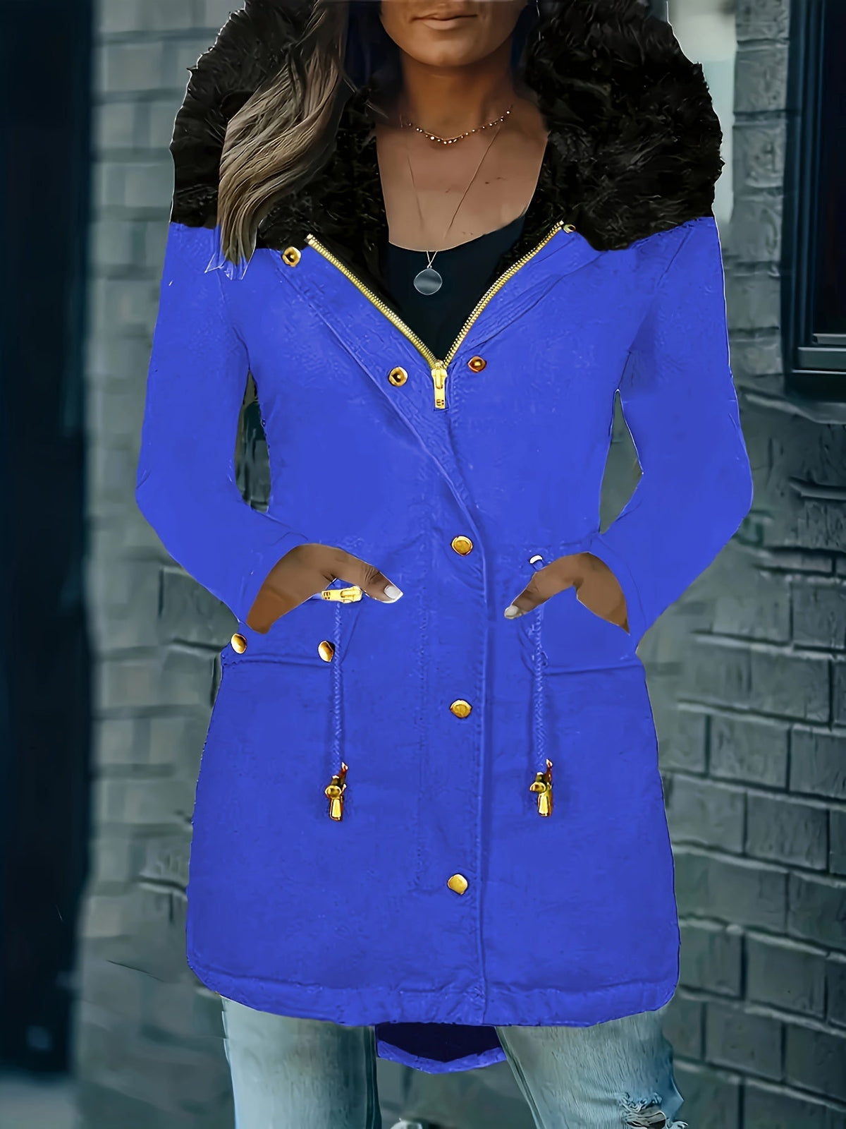 Elarova | Zip up Parka Mantel mit Knöpfen Kapuze Damen Winterjacke